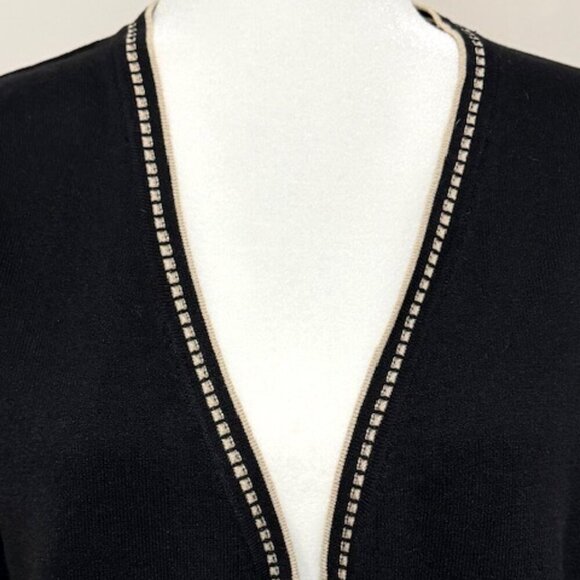 Ann Taylor Loft Black Cardigan Sweater Tan Trim 3/4 Sleeves - Picture 2 of 5